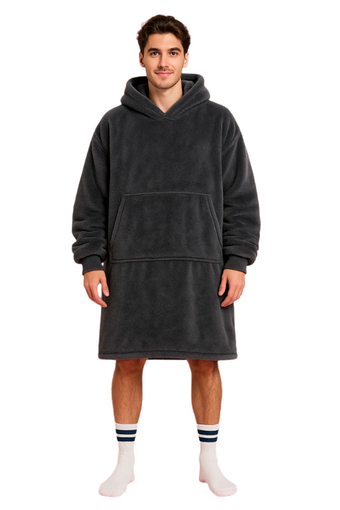 male model standing in hooded blanket with white socks front view