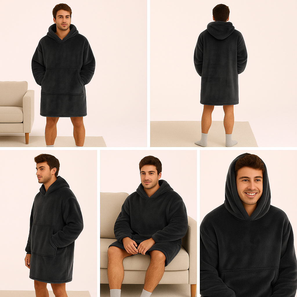 ix angles of a male model wearing a dark grey oversized hoodie blanket, including front, back, side, seated, and smiling close-up views on a beige background