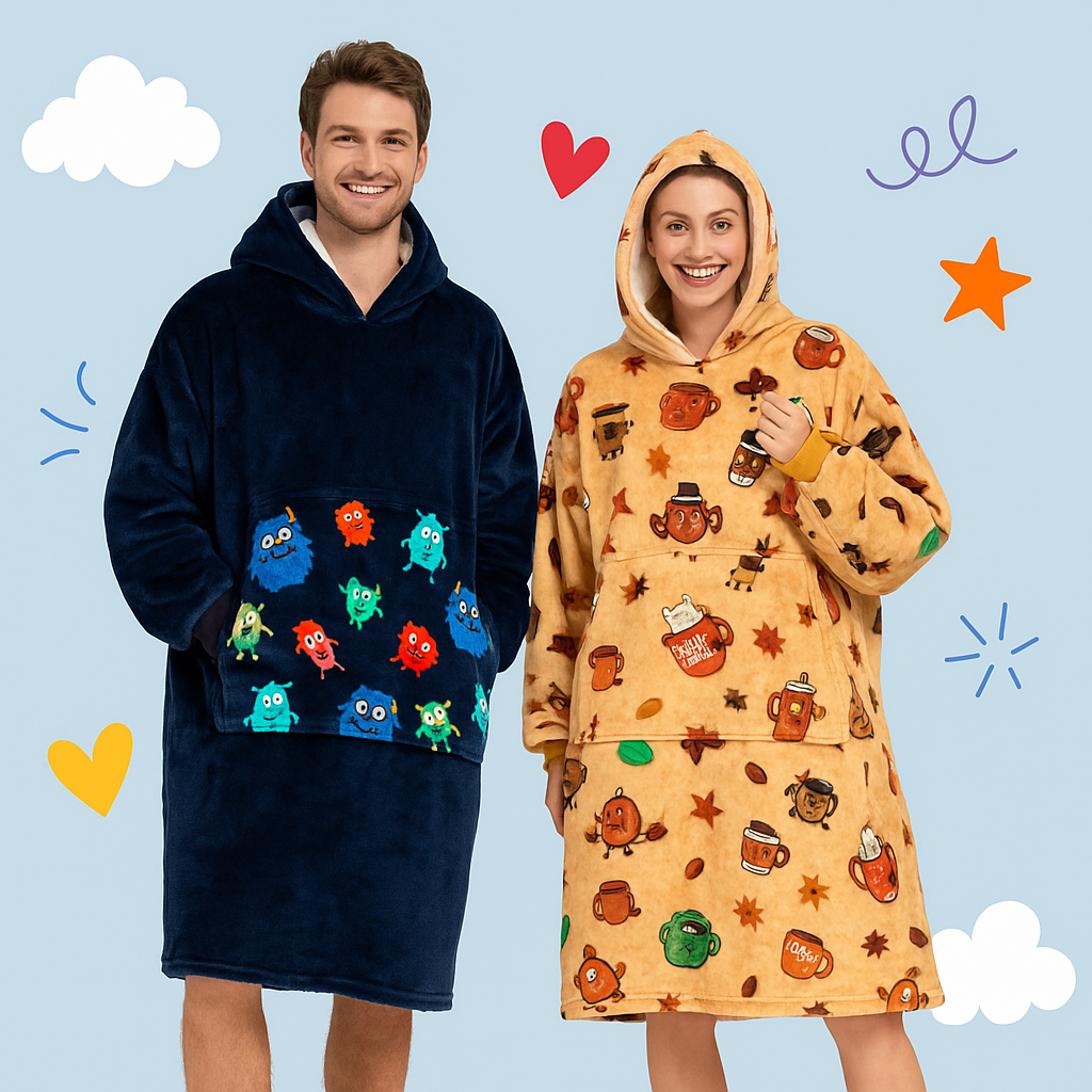 Two adults wearing oversized hoodie blankets – Lil Monsters and Coffee Time prints by Hoodie Haven