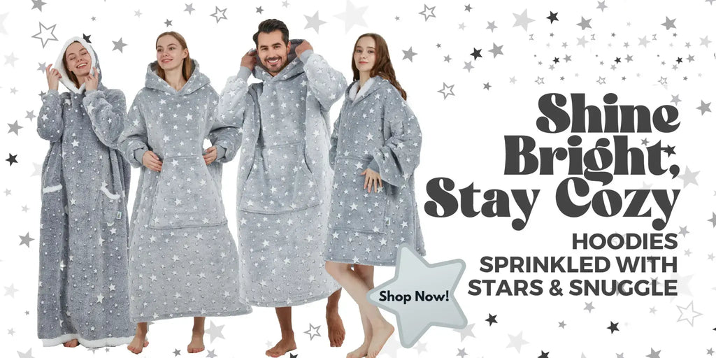Four adults wearing cozy grey fleece hoodies with white star prints from Hoodie Haven, standing under a sky of scattered stars with the text “Shine Bright, Stay Cozy”.