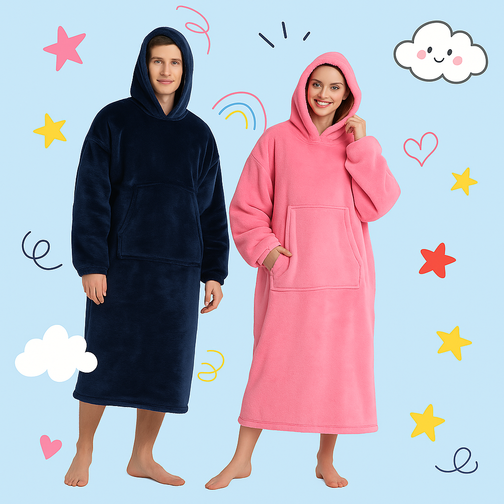 Two adults wearing full-length oversized hoodie blankets – navy and pink styles by Hoodie Haven