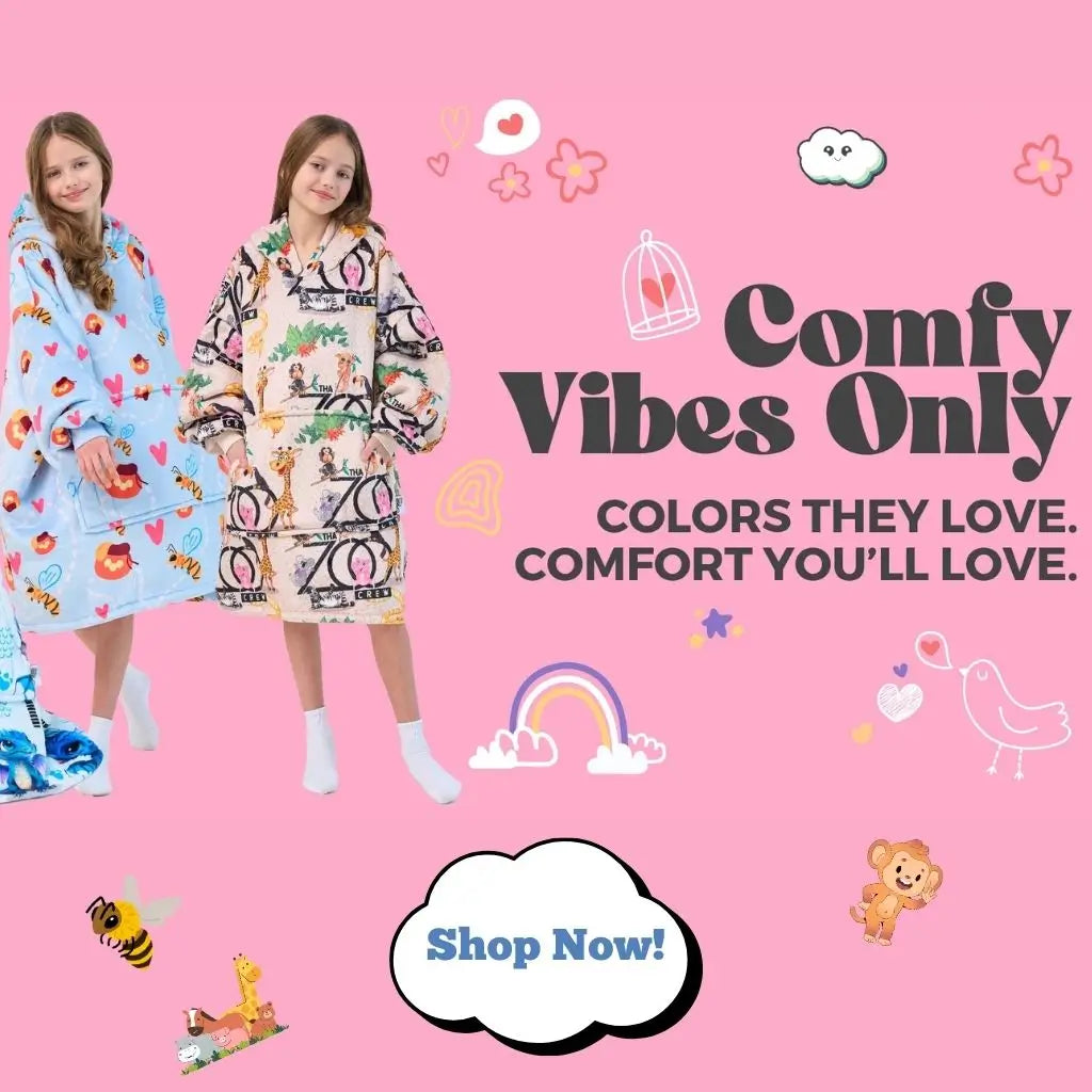 Two girls wearing colorful fleece hoodie blankets on a pink background with playful doodles, promoting Hoodie Haven's cozy collection.