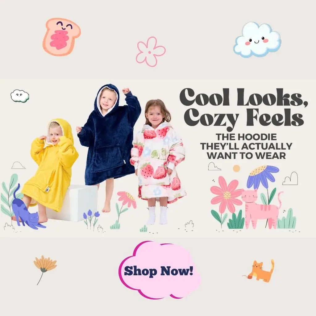 Three kids in soft fleece hoodie blankets featuring strawberry, navy, and yellow designs on a neutral background with playful cartoon flowers.