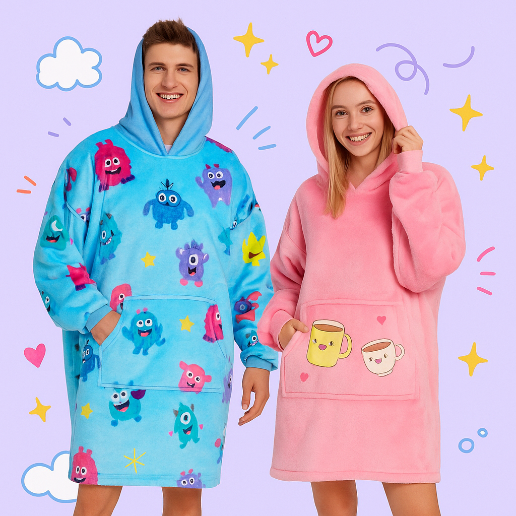 Two adults wearing Hoodie Haven original hoodie blankets – Lil Monsters and Coffee Time designs with cartoon background

