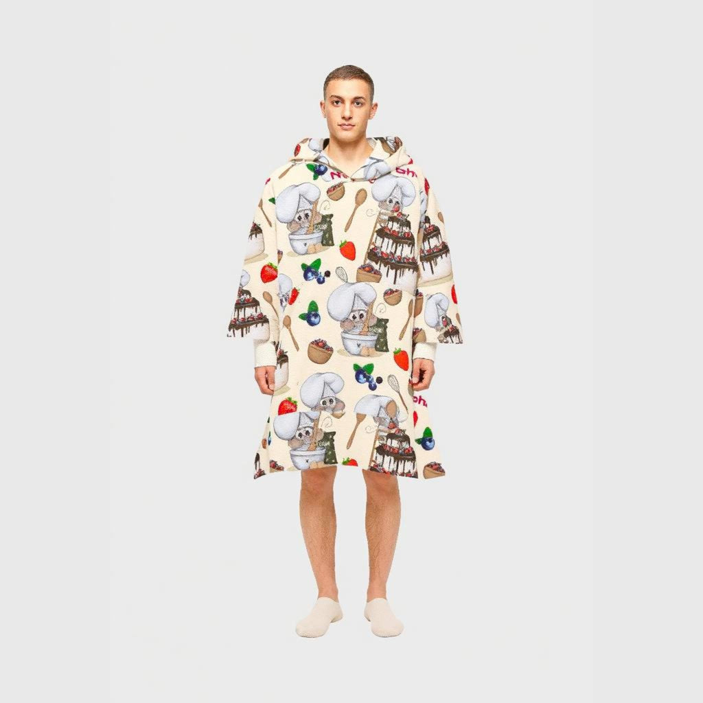 Full front view of man wearing Mouse Chef hoodie blanket