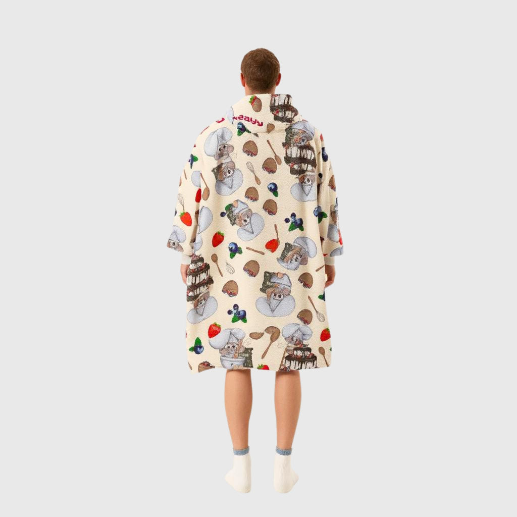 Back view showing Mouse Chef hoodie blanket design
