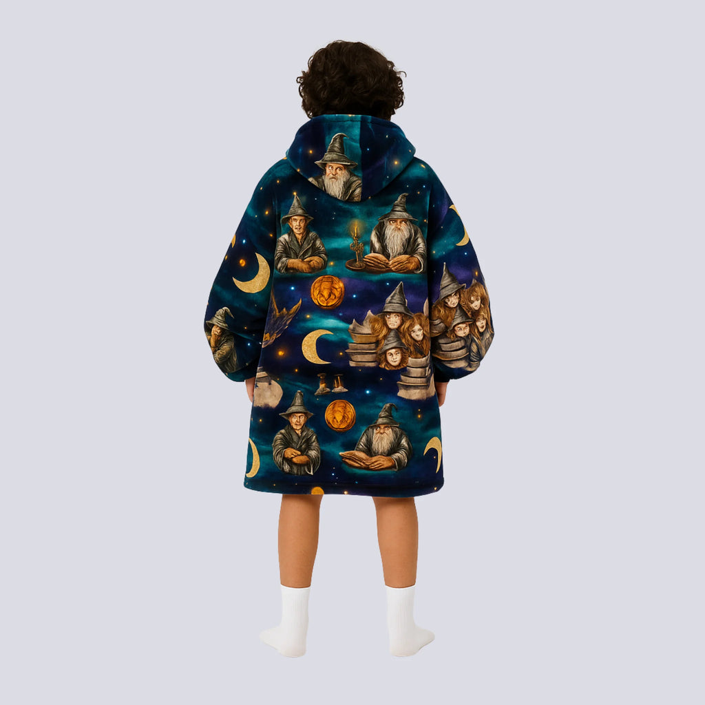 Back view of the Wise Wizard Warrior hoodie blanket, displaying the full magical wizard and moon pattern.