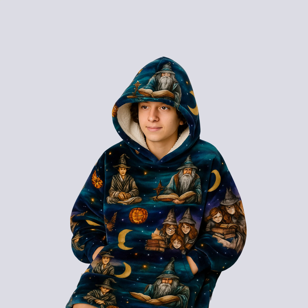Close-up of the hood and chest area of the Wise Wizard Warrior wearable blanket, showing soft sherpa fleece lining and detailed wizard design