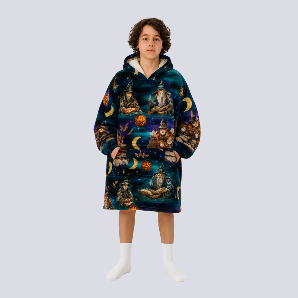 Front view of the Wise Wizard Warrior oversized hoodie blanket, showing full length past the knees with vibrant wizard-themed design.