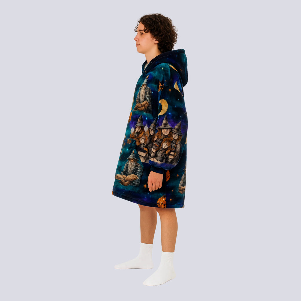 Side view of the Wise Wizard Warrior wearable blanket, highlighting plush fleece texture and oversized 86cm fit.